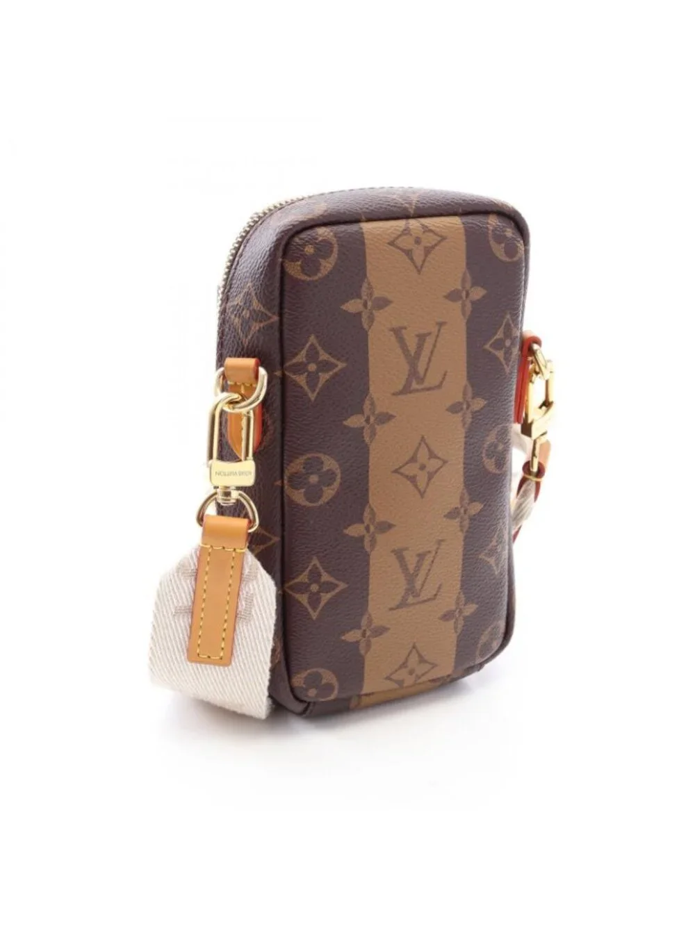 Louis Vuitton Shoulder Bag Double Phone Pouch Monogram Stripe Canvas Leather LV